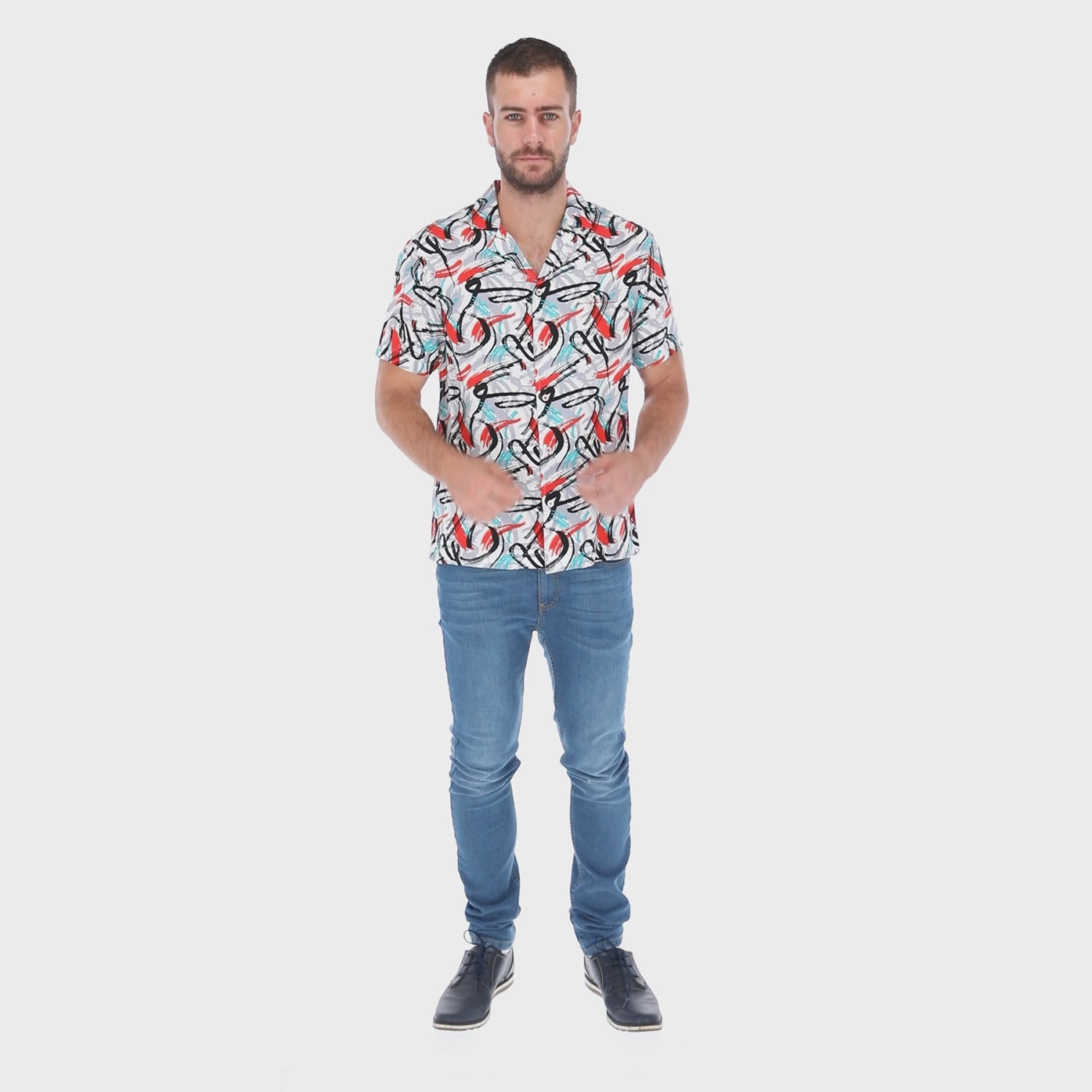 Men's Print Short Sleeve Classic Button Down Shirt White, Red & Blue | Porto Blanco