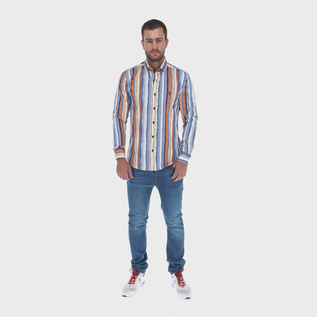 Men's Stripes Long Sleeve Classic Button Down Shirt Blue White & Orange | Porto Blanco