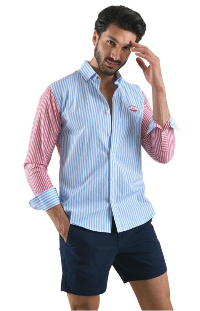 Men's Patchwork Long Sleeve Button Down Shirt Red & Blue
