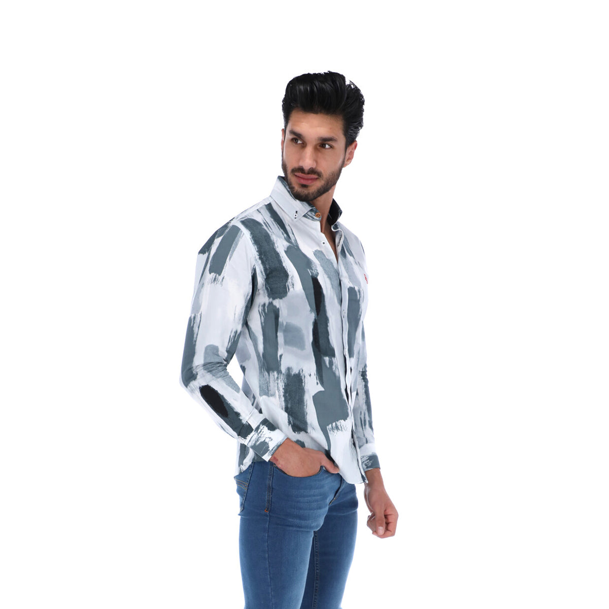Men's Abstract Long Sleeve Button Down Shirt White & Grey