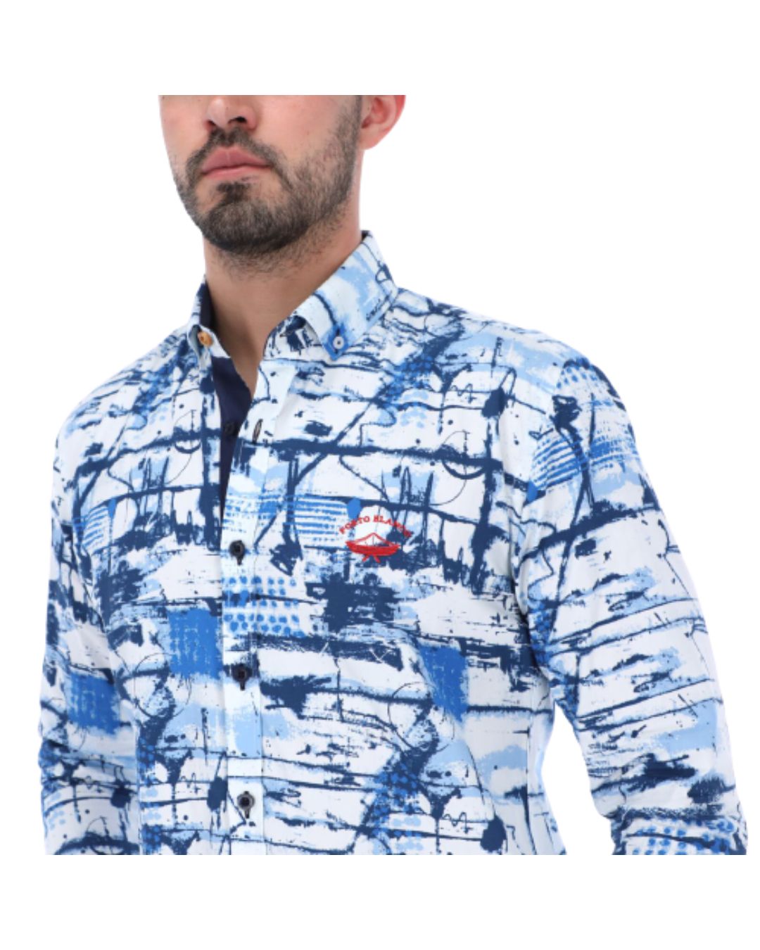 Men's Abstract Long Sleeve Button Down Shirt Blue Red & White
