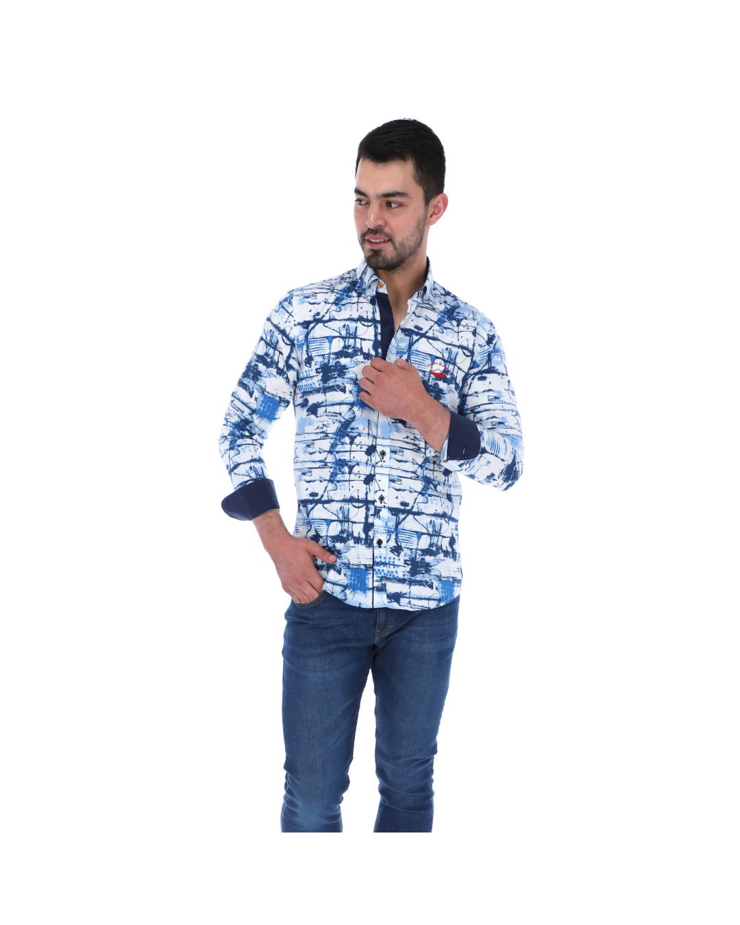 Men's Abstract Long Sleeve Button Down Shirt Blue Red & White