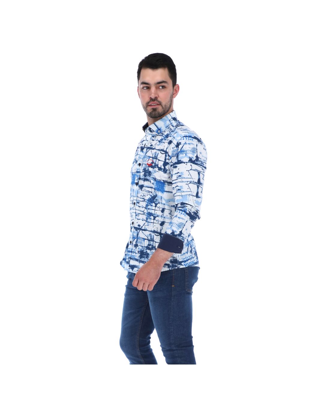 Men's Abstract Long Sleeve Button Down Shirt Blue Red & White