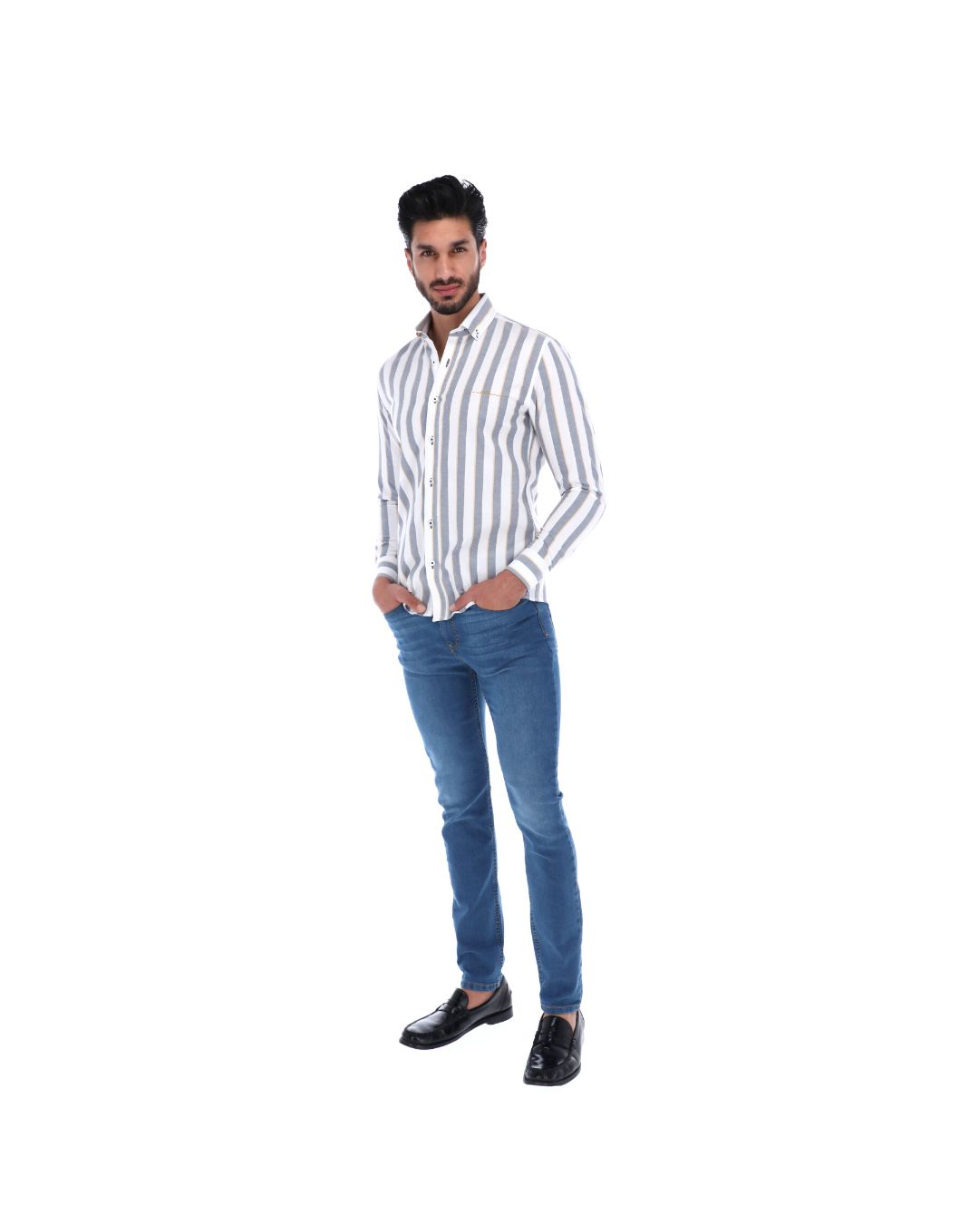 Men's Stripes Long Sleeve Button Down Shirt White & Grey