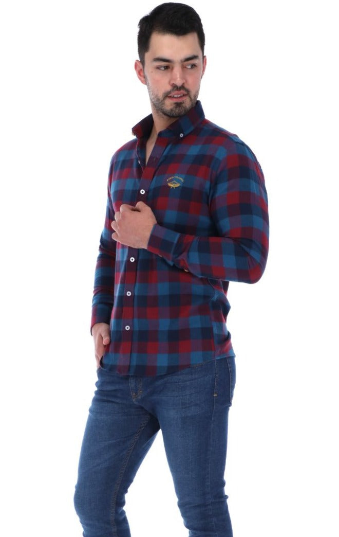 Men's Checkered Long Sleeve Button Down Shirt Blue & Red