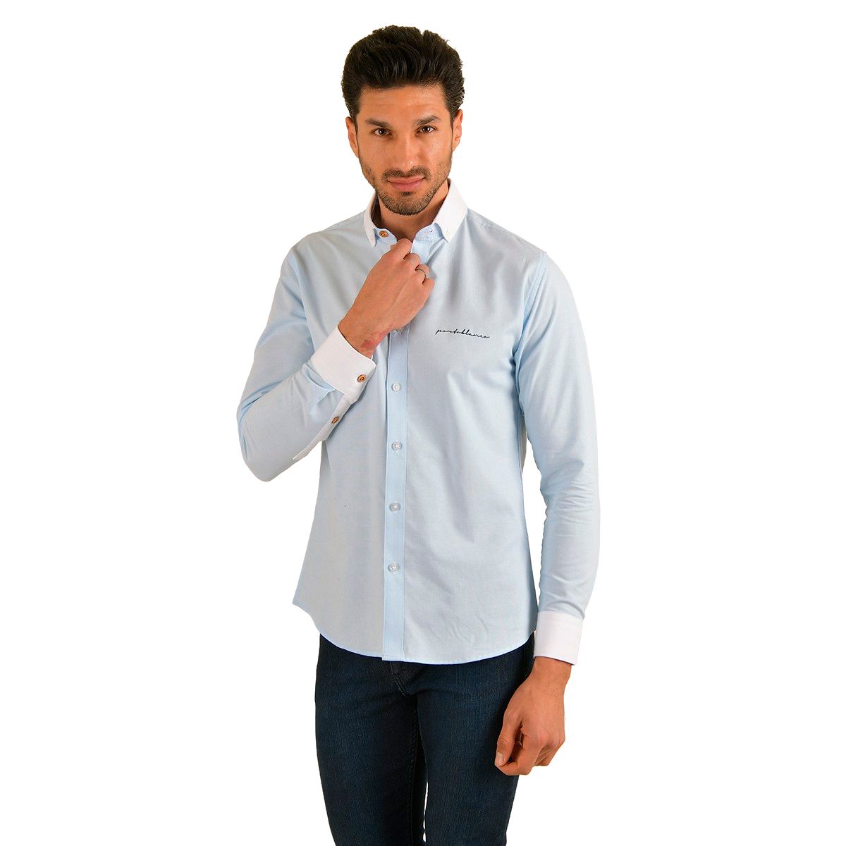 Men's Solid Long Sleeve Button Down Shirt Blue & White