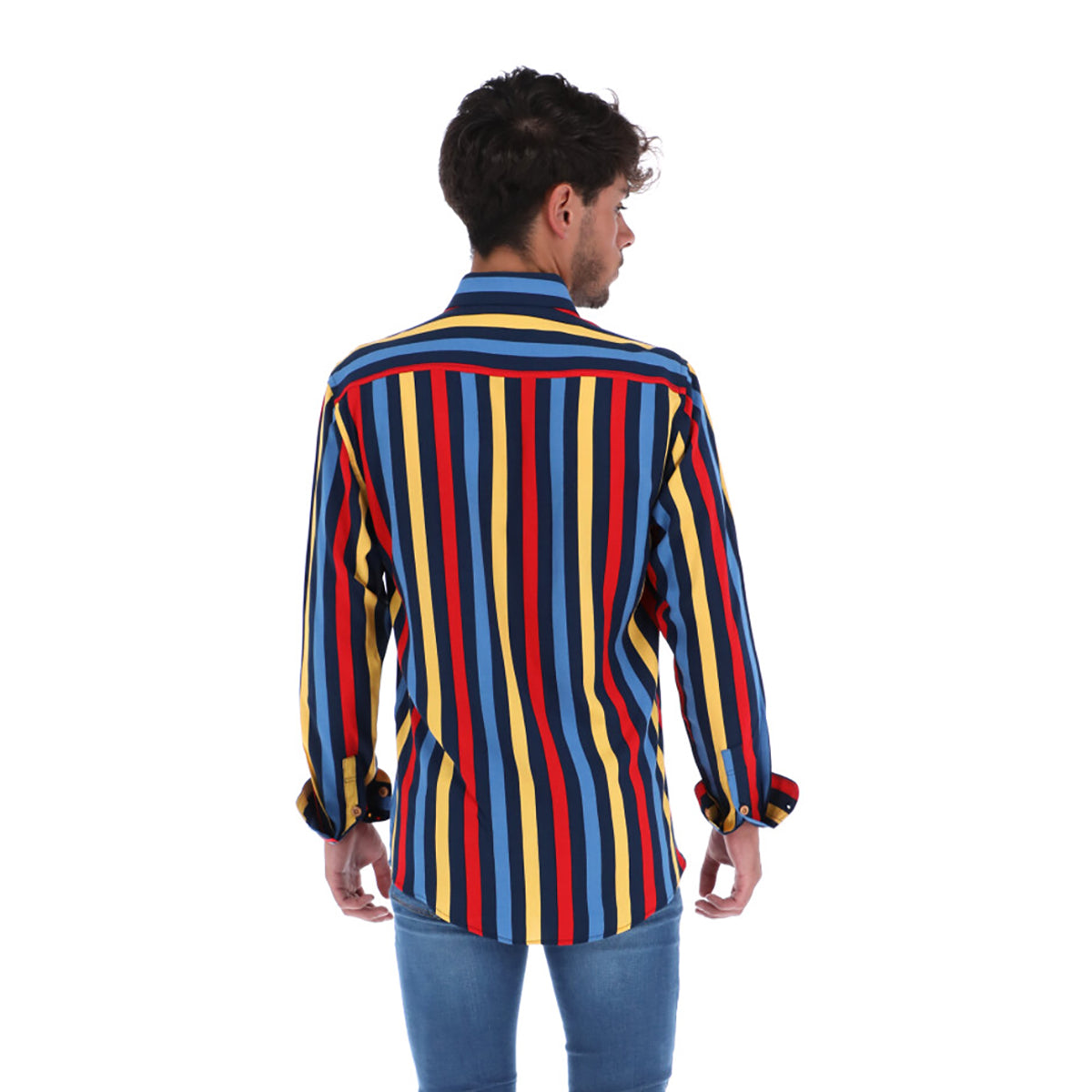 Men's Stripes Long Sleeve Button Down Shirt Red Yellow & Blue