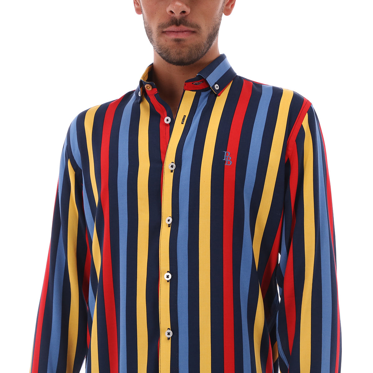 Men's Stripes Long Sleeve Button Down Shirt Red Yellow & Blue