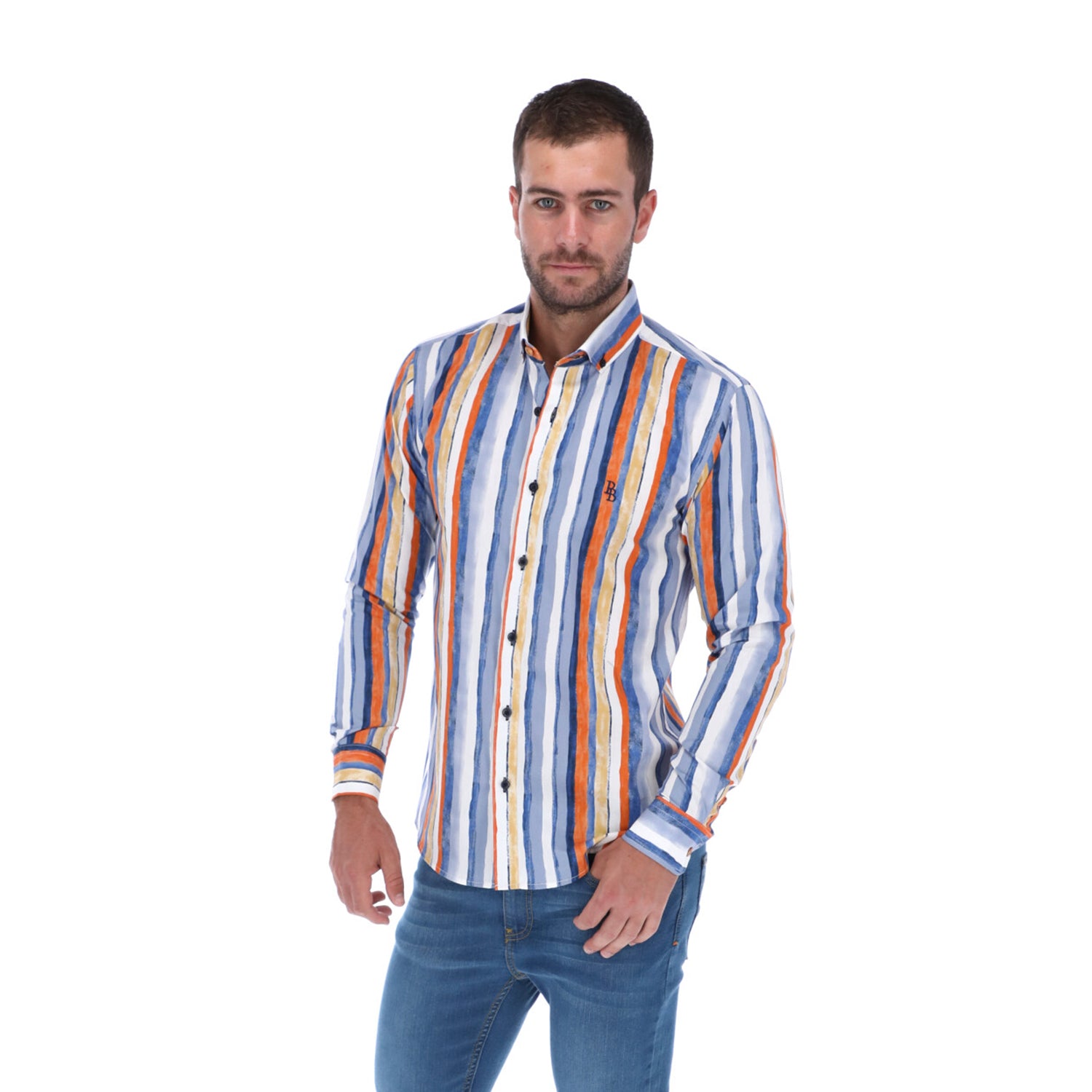 Men's Stripes Long Sleeve Classic Button Down Shirt Blue White & Orange | Porto Blanco