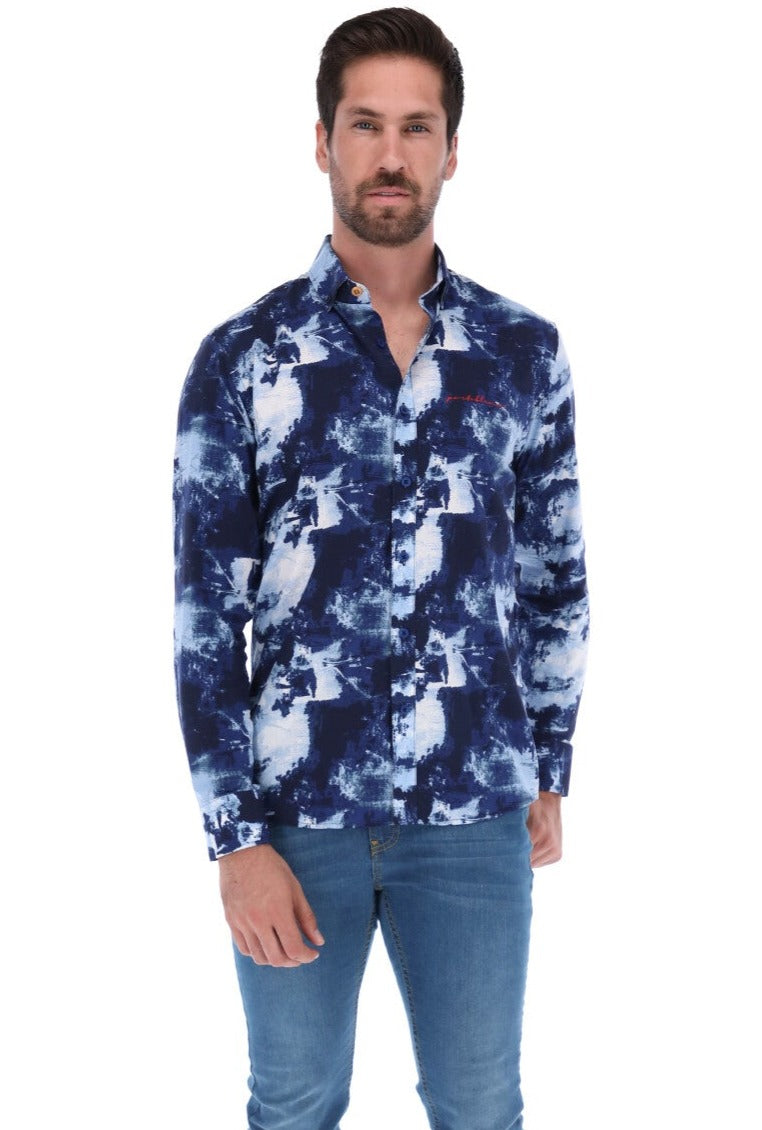 Men's Print Long Sleeve Classic Button Down Shirt Blue & White | Porto Blanco