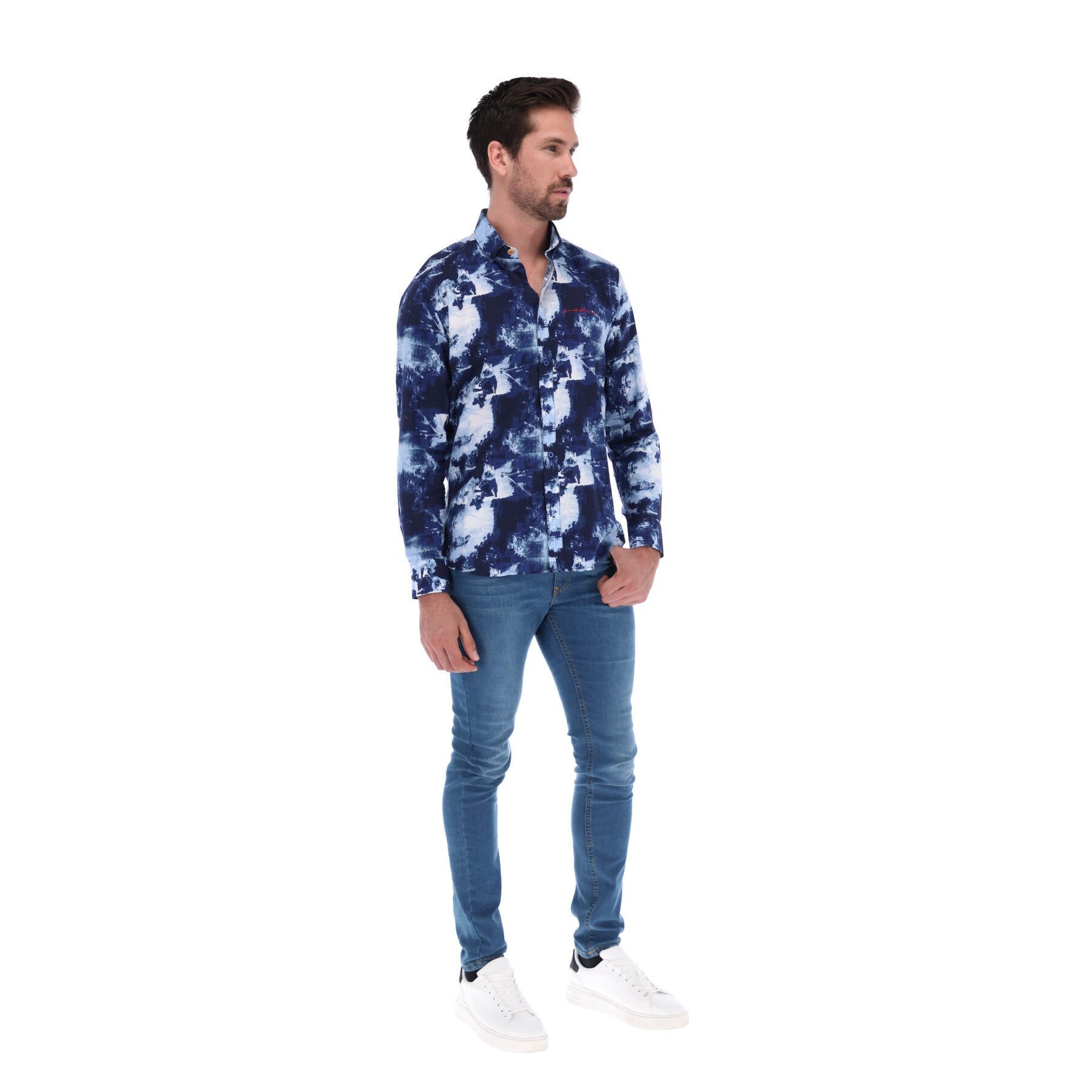 Men's Print Long Sleeve Classic Button Down Shirt Blue & White | Porto Blanco