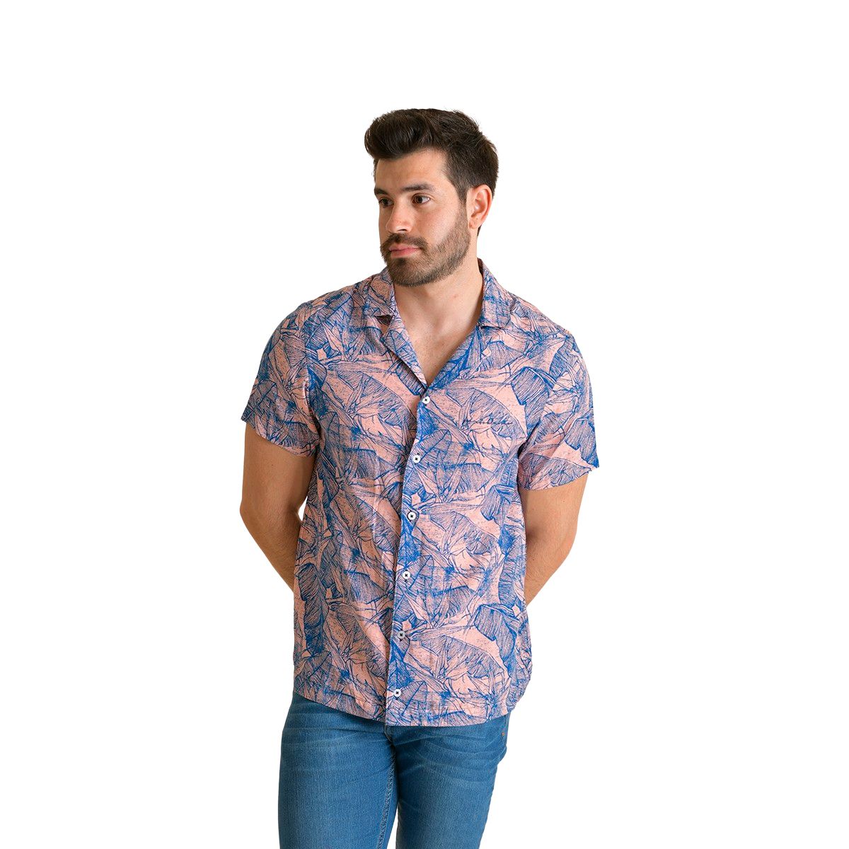 Men's Abstract Short Sleeve Button Down Shirt Blue & Salmon