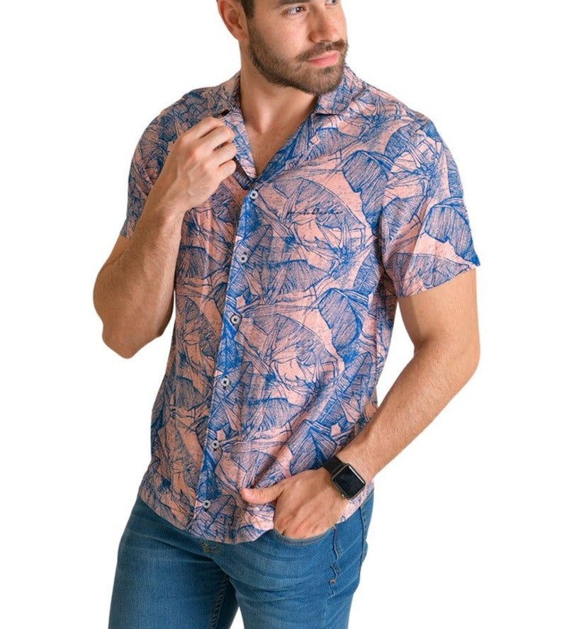 Men's Abstract Short Sleeve Button Down Shirt Blue & Salmon
