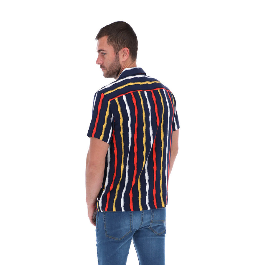 Men's Abstract Short Sleeve Classic Button Down Shirt Blue Red & Yellow
