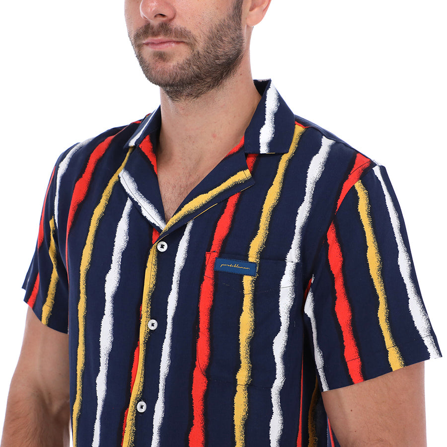 Men's Abstract Short Sleeve Classic Button Down Shirt Blue Red & Yellow
