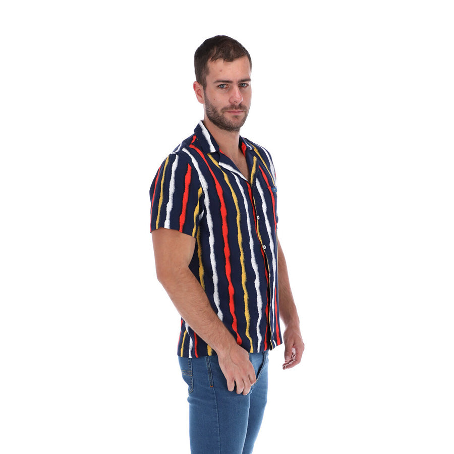 Men's Abstract Short Sleeve Classic Button Down Shirt Blue Red & Yellow
