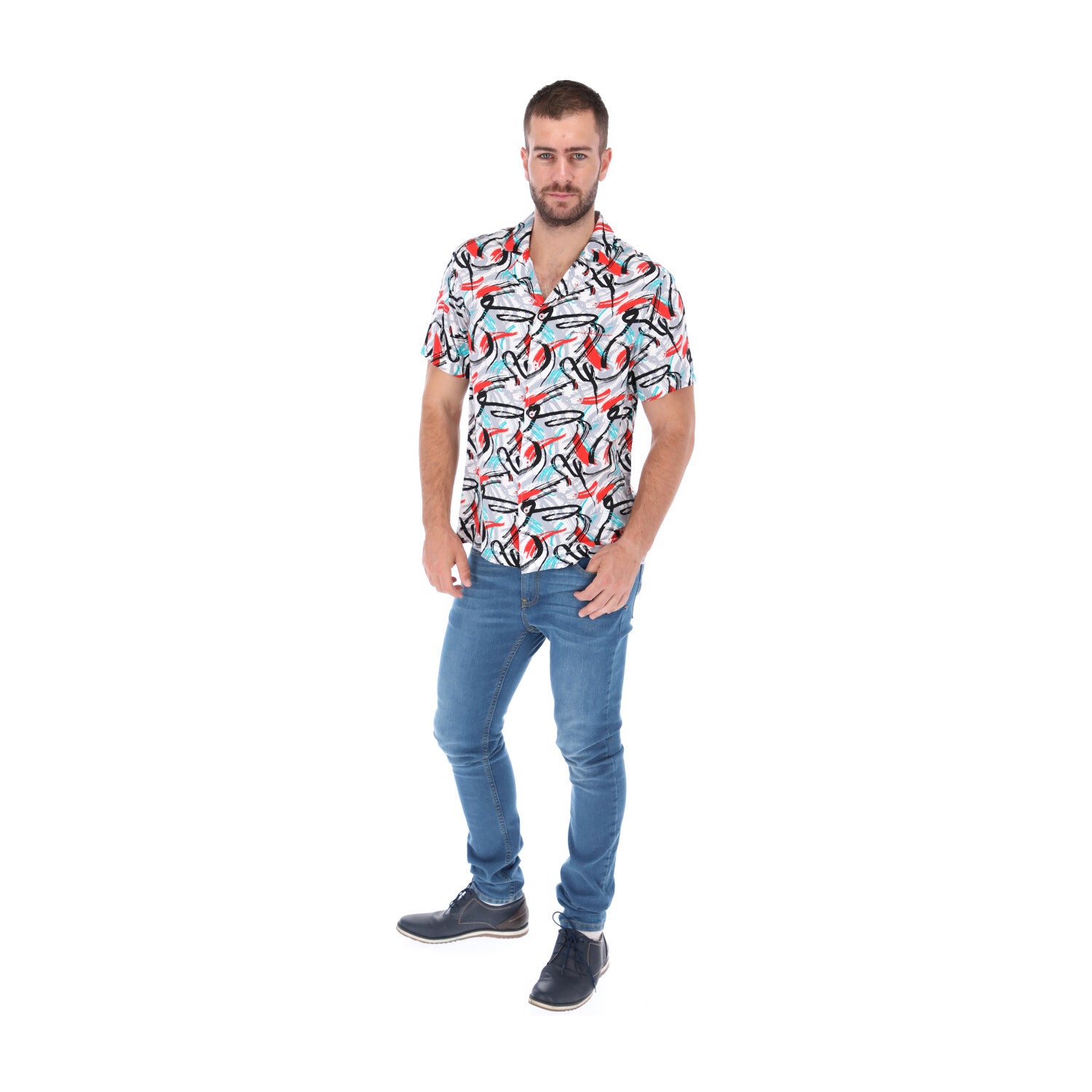 Men's Print Short Sleeve Classic Button Down Shirt White, Red & Blue | Porto Blanco