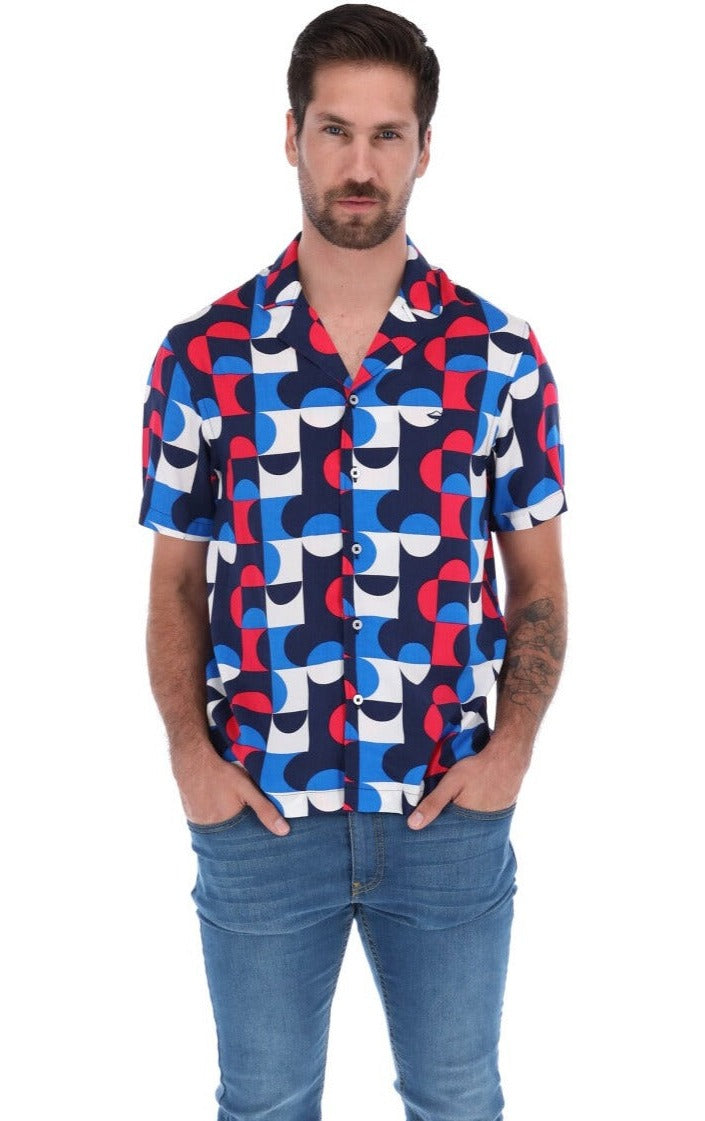Men's Abstract Short Sleeve Classic Button Down Shirt Blue, Red & White | Porto Blanco