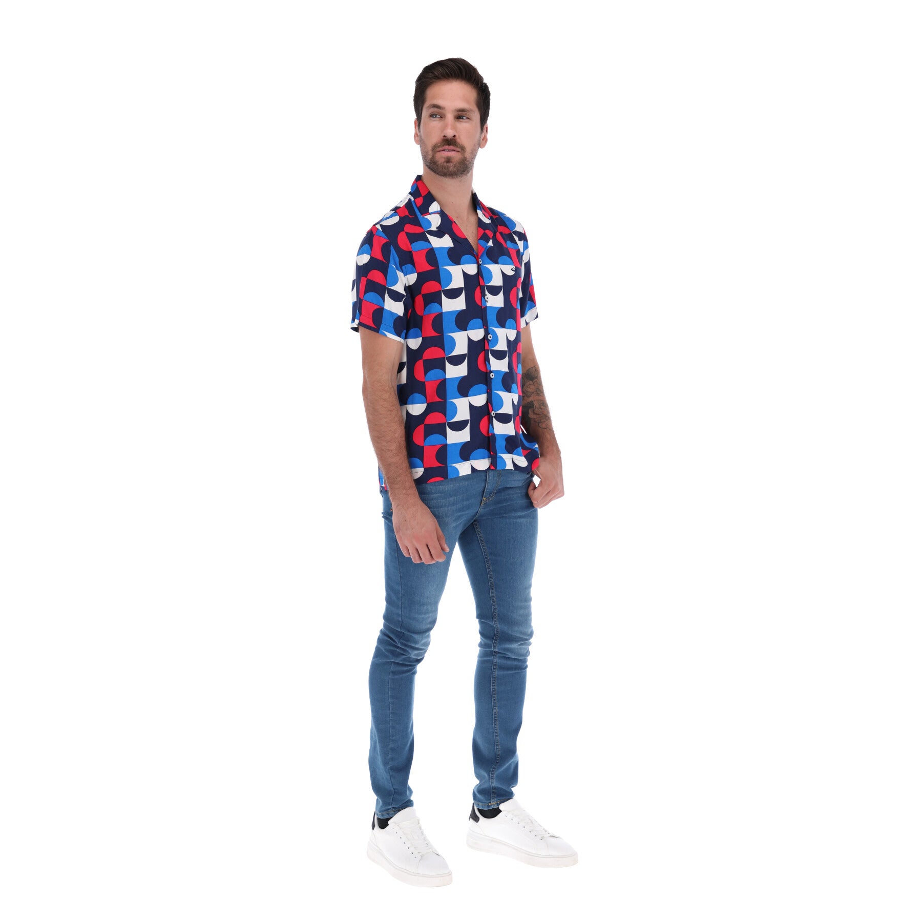 Men's Abstract Short Sleeve Classic Button Down Shirt Blue, Red & White | Porto Blanco