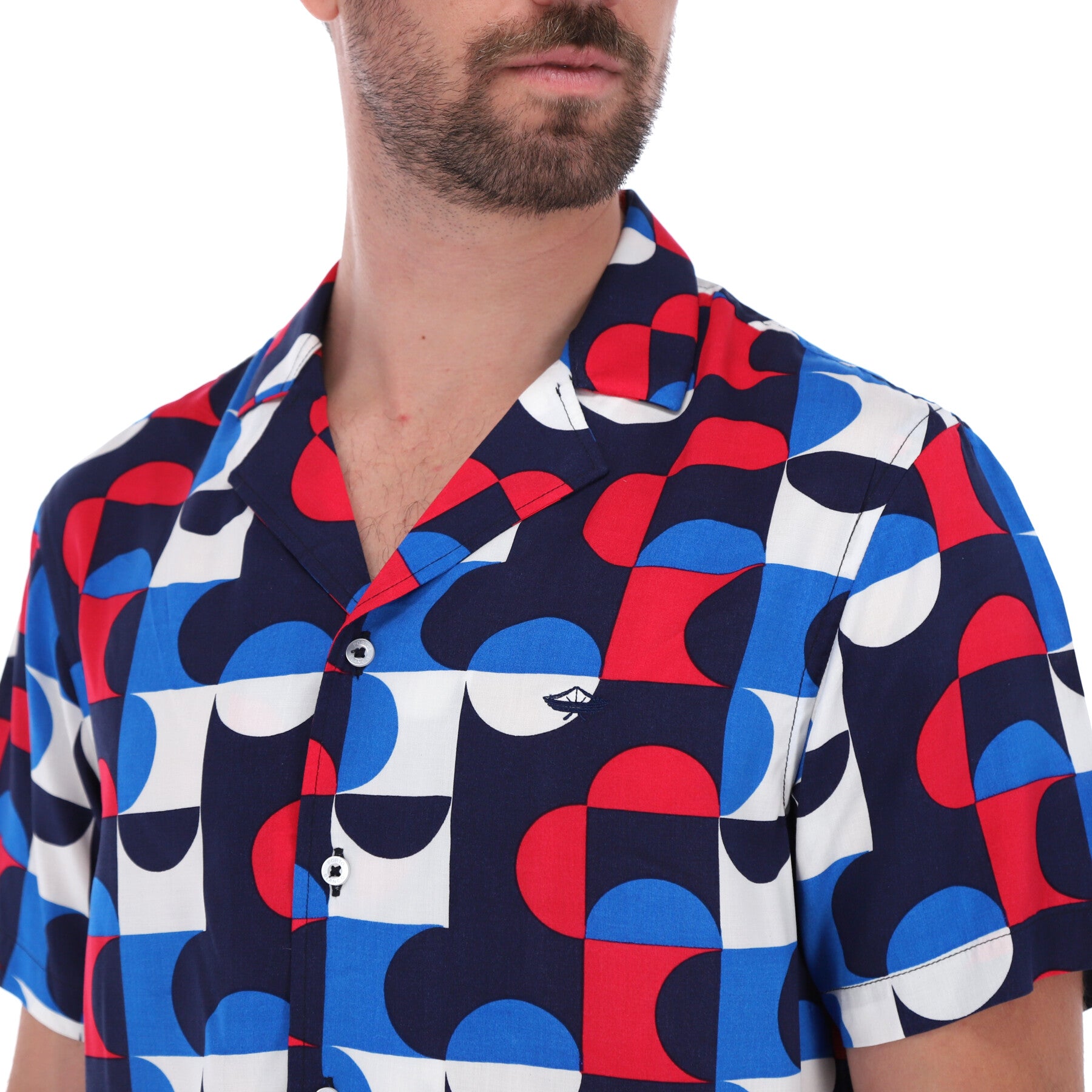 Men's Abstract Short Sleeve Classic Button Down Shirt Blue, Red & White | Porto Blanco