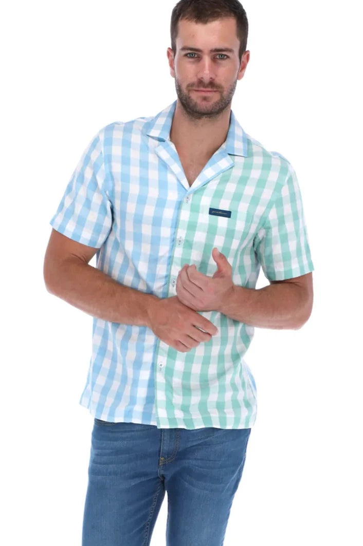 Men's Checkered Short Sleeve Classic Button Down Shirt Blue White & Green | Porto Blanco