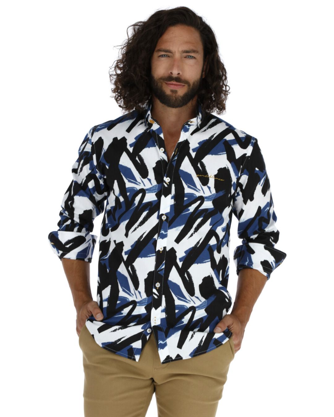 Men's Abstract Long Sleeve Button Down Shirt Black White & Blue