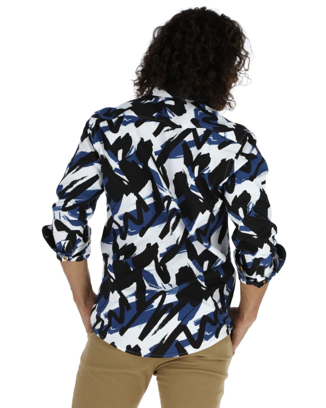Men's Abstract Long Sleeve Button Down Shirt Black White & Blue