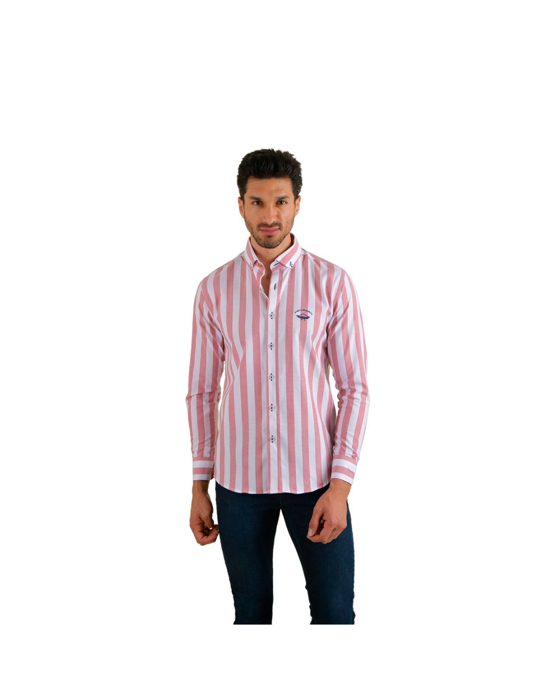 Men's Stripes Long Sleeve Button Down Shirt White & Salmon