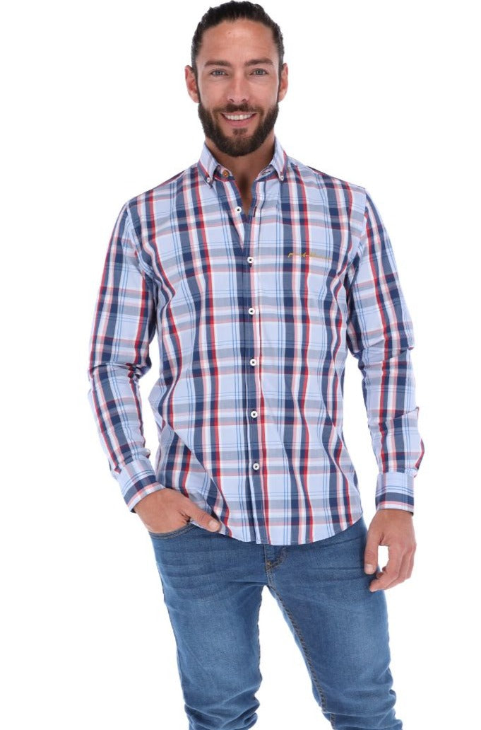 Men's Checkered Long Sleeve Button Down Shirt Blue Red & White