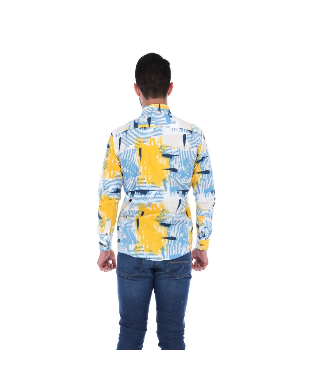 Men's Abstract Long Sleeve Button Down Shirt Blue Yellow & White