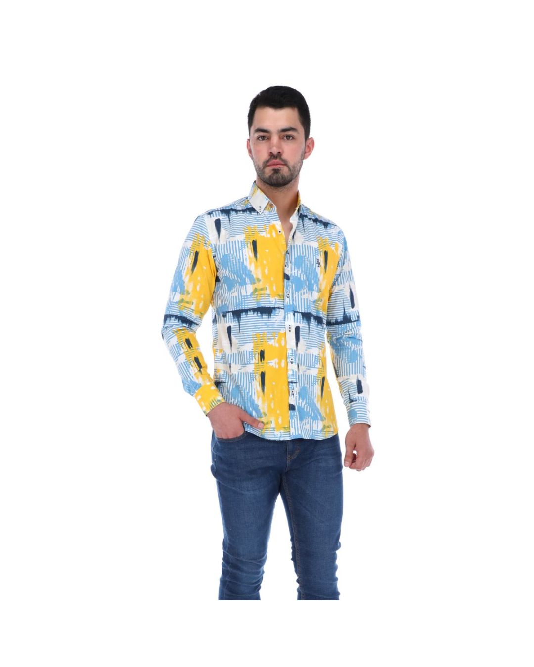 Men's Abstract Long Sleeve Button Down Shirt Blue Yellow & White