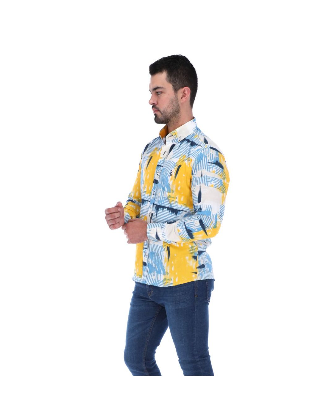 Men's Abstract Long Sleeve Button Down Shirt Blue Yellow & White