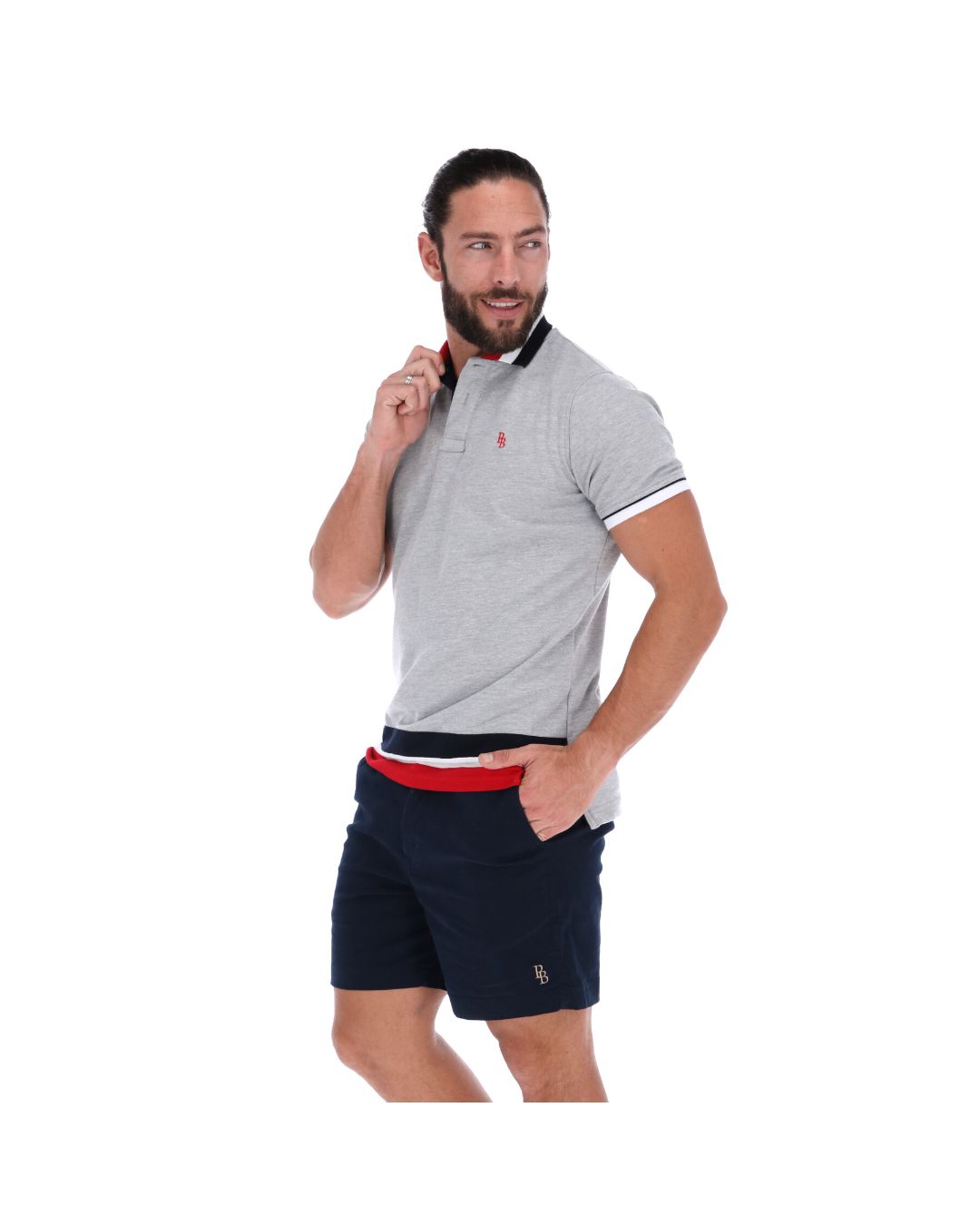 Men's Patchwork Short Sleeve Polo Shirt Grey Blue & Red