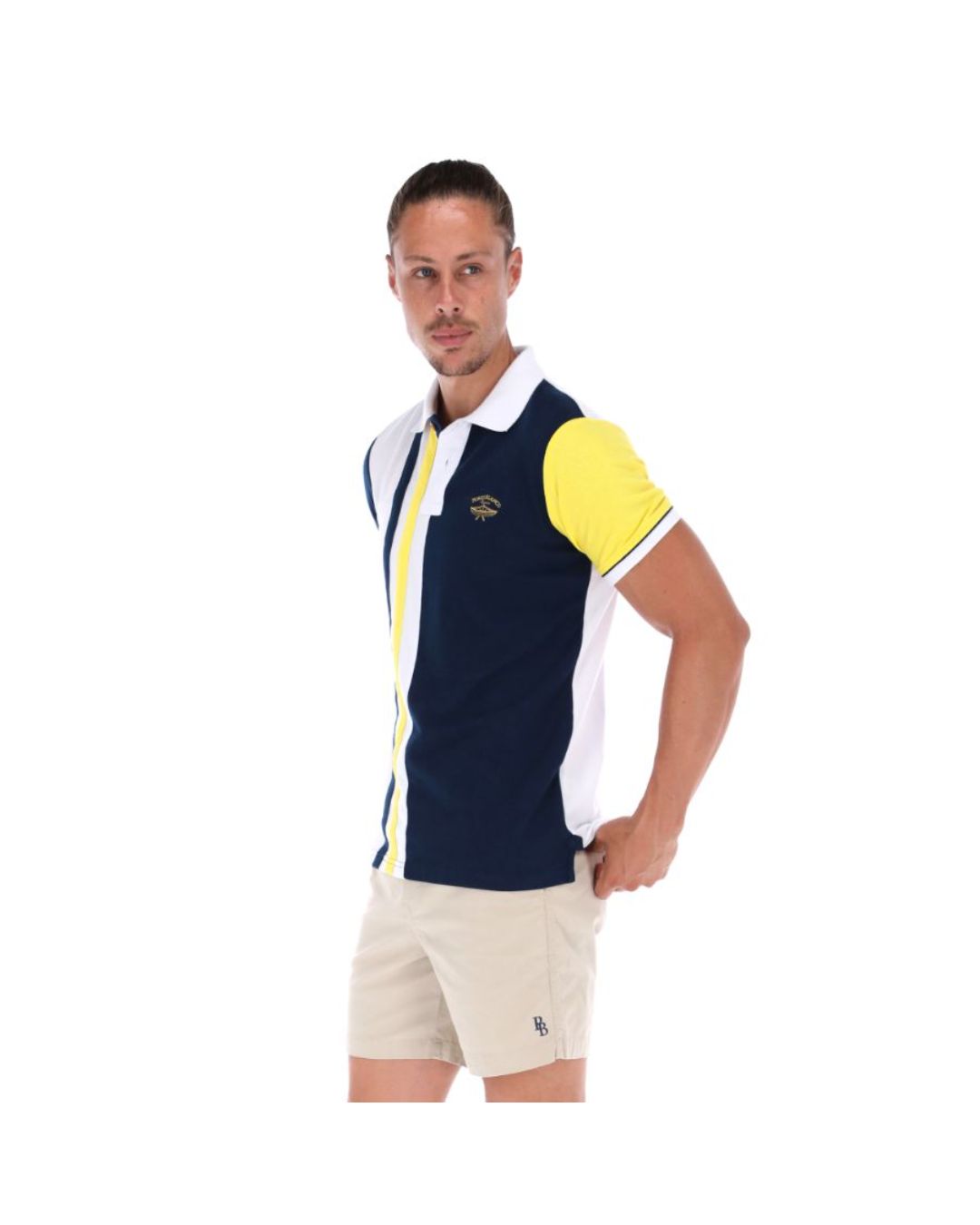 Men's Patchwork Short Sleeve Polo Shirt White Blue & Yellow