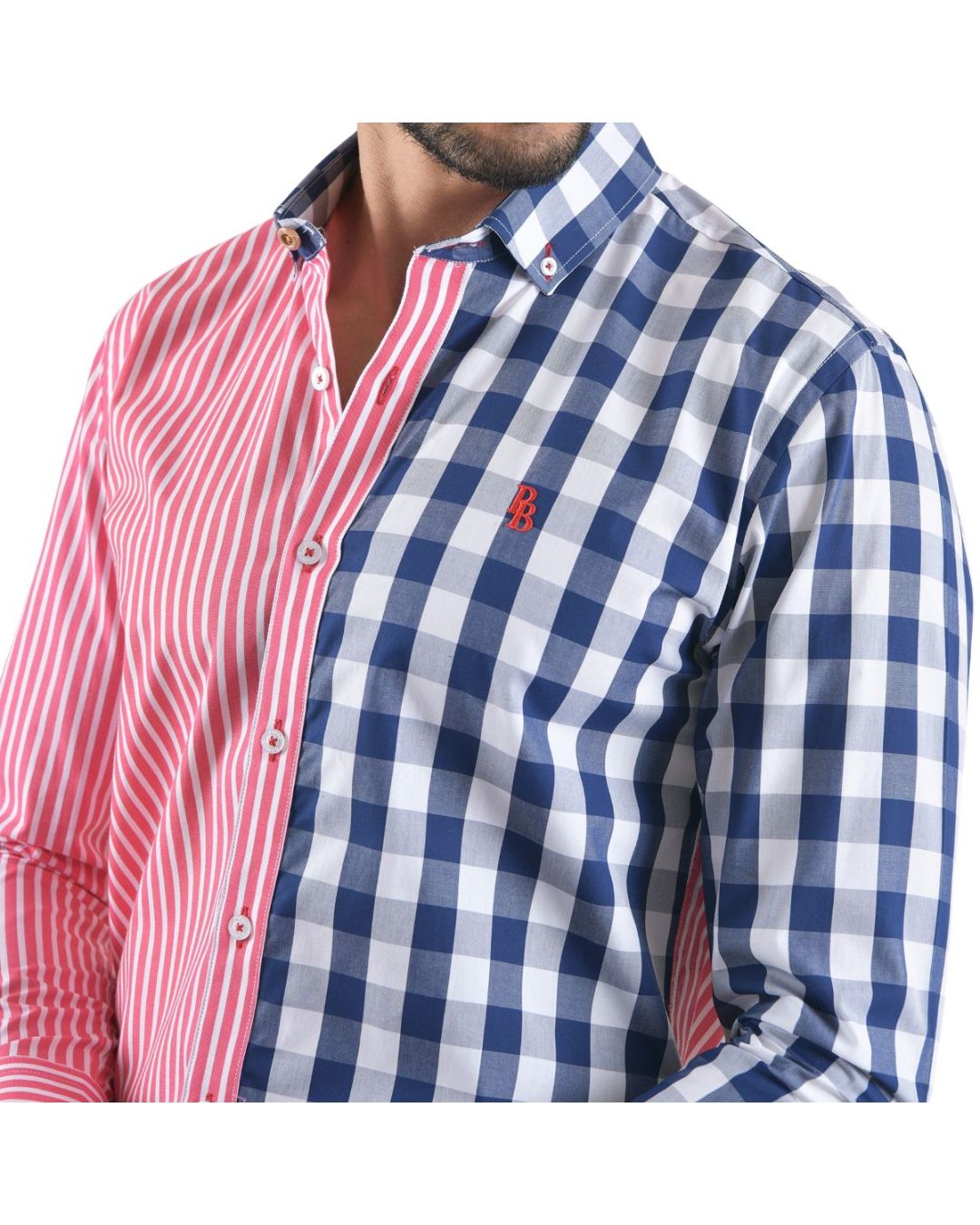 Men's Patchwork Long Sleeve Button Down Shirt White Blue & Red