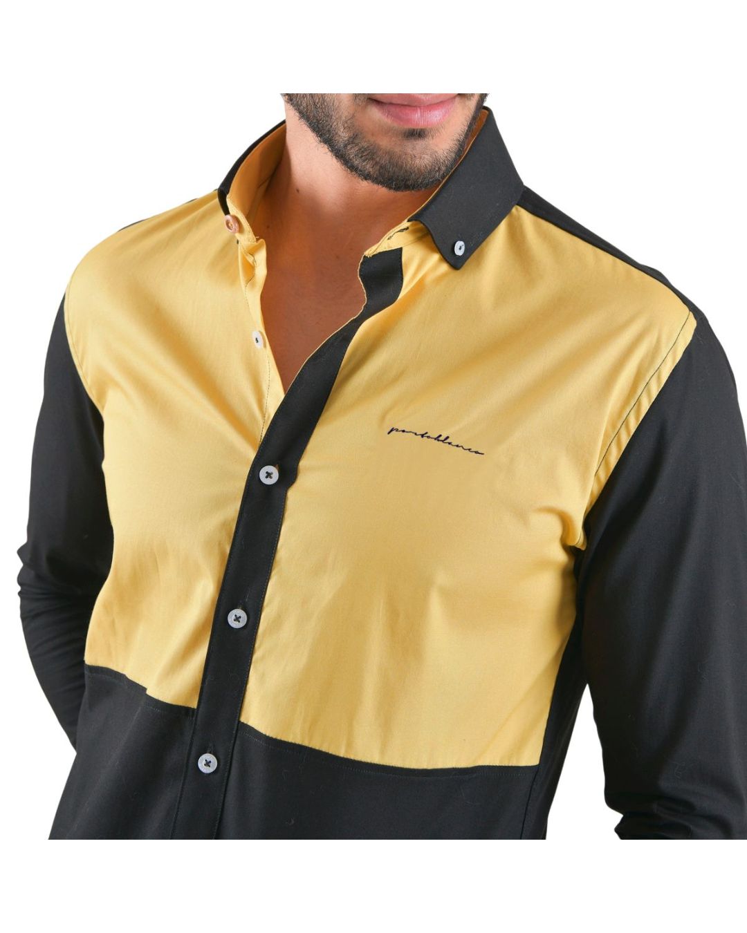 Men's Patchwork Long Sleeve Button Down Shirt Black & Yellow