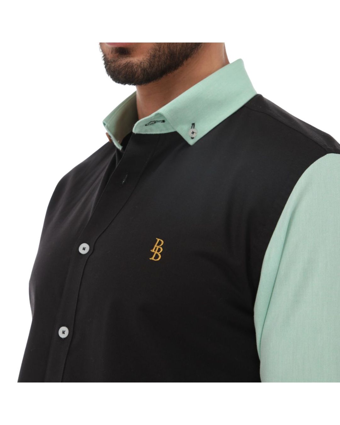 Men's Patchwork Long Sleeve Button Down Shirt Black Yellow & Green
