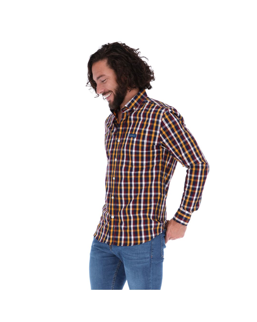 Men's Checkered Long Sleeve Button Down Shirt Black Yellow & White