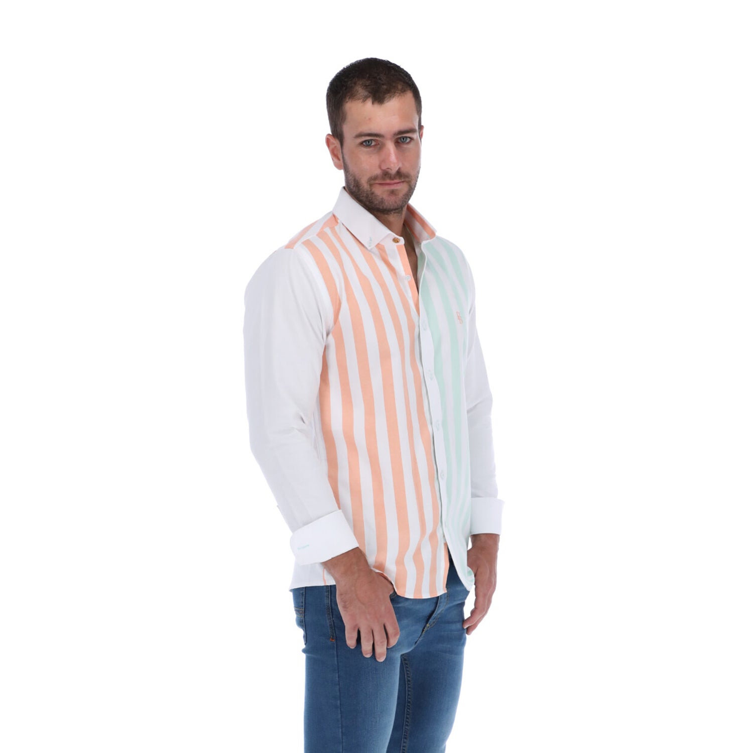 Men's Stripes Long Sleeve Classic Button Down Shirt White Salmon & Green | Porto Blanco