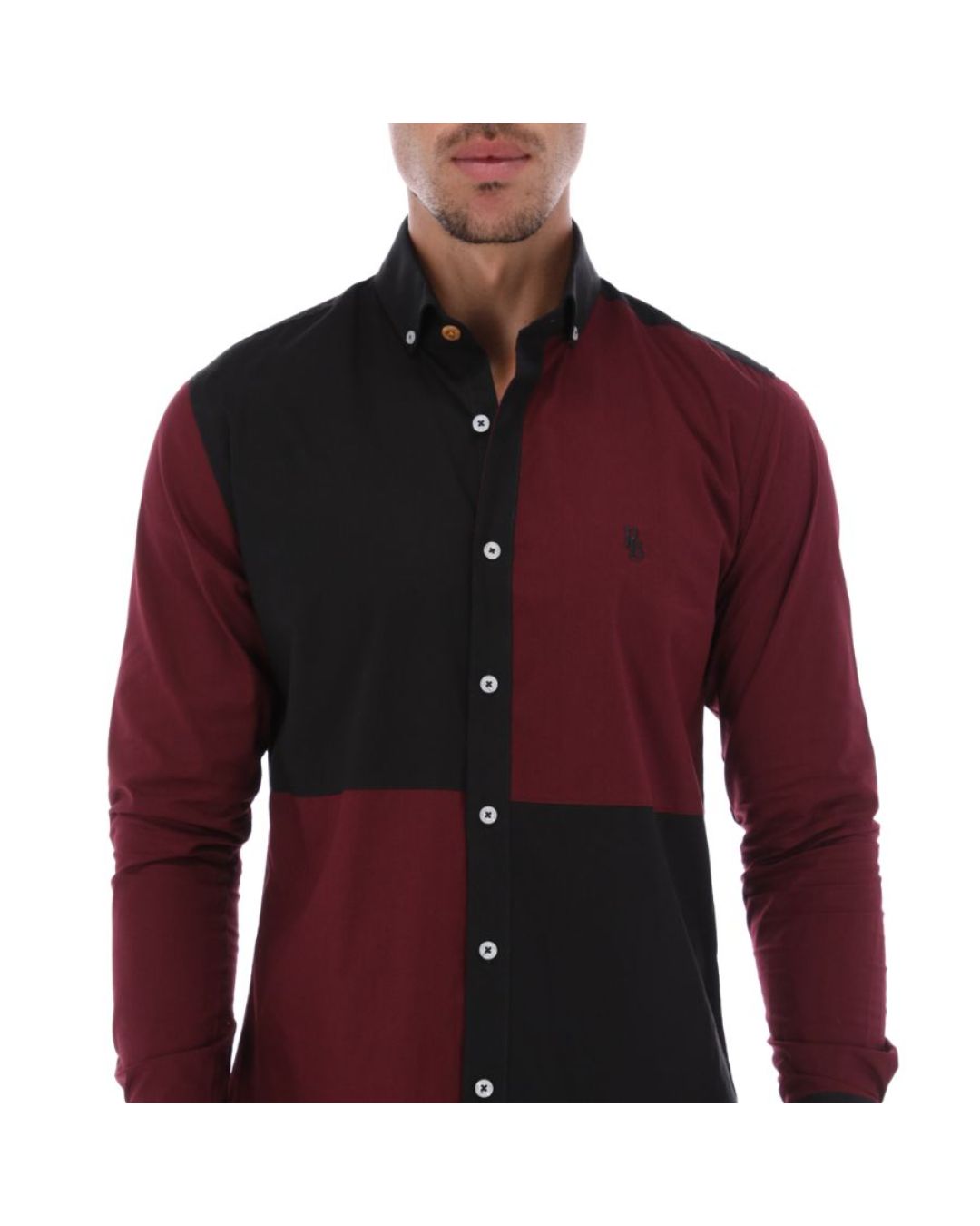 Men's Patchwork Long Sleeve Button Down Shirt Burgundy & Black