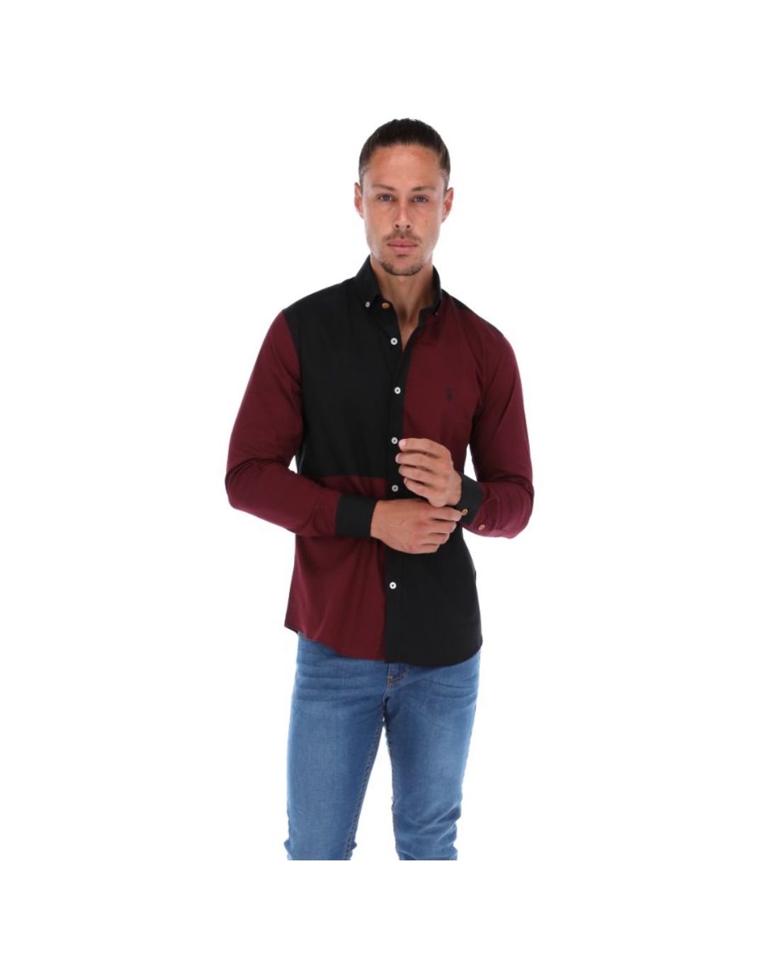 Men's Patchwork Long Sleeve Button Down Shirt Burgundy & Black