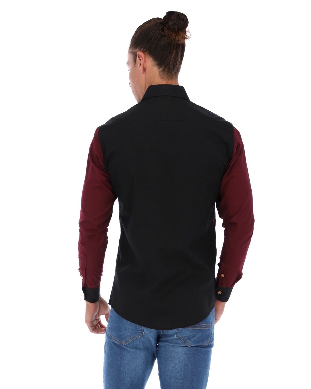 Men's Patchwork Long Sleeve Button Down Shirt Burgundy & Black
