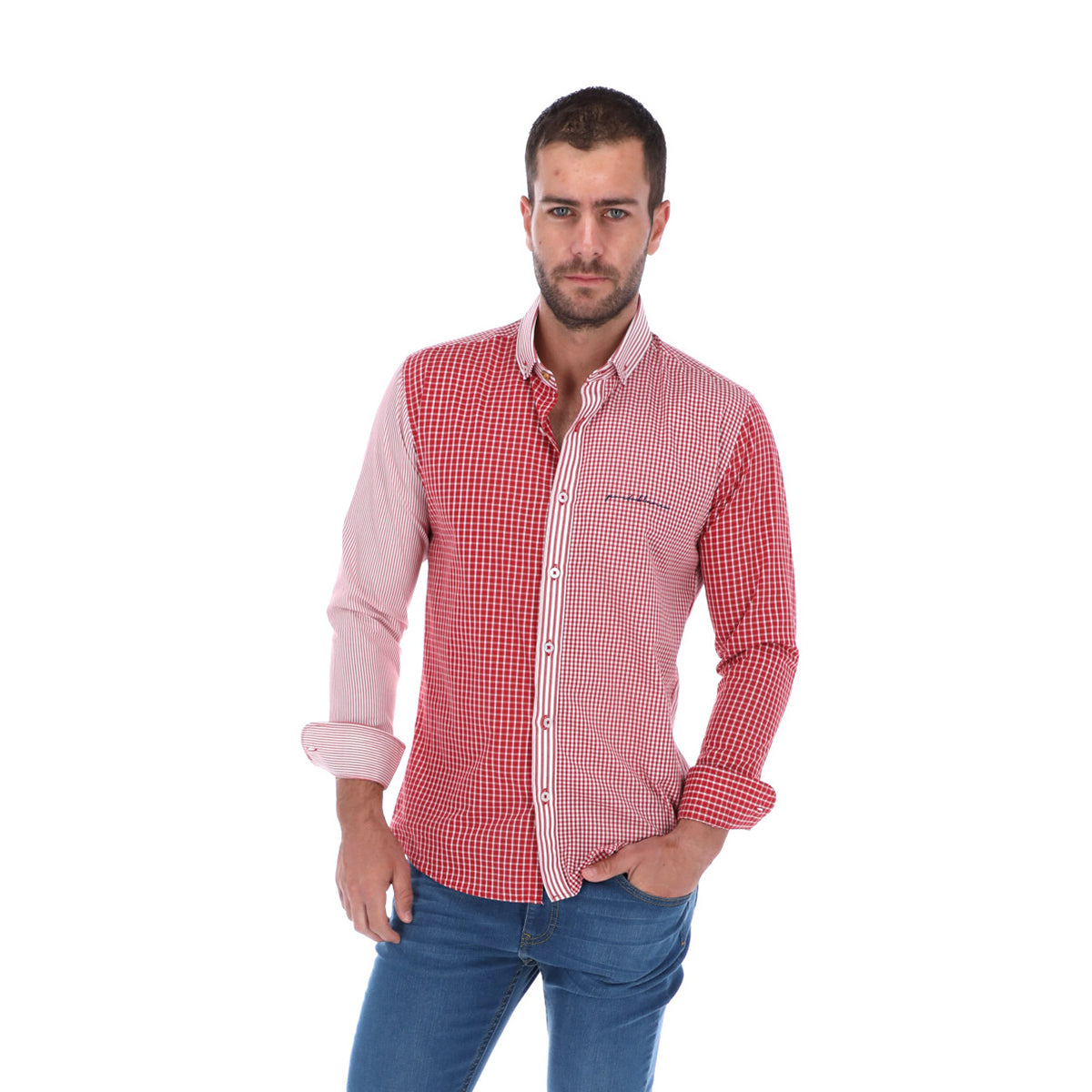 Men's Patchwork Long Sleeve Button Down Shirt Red & White