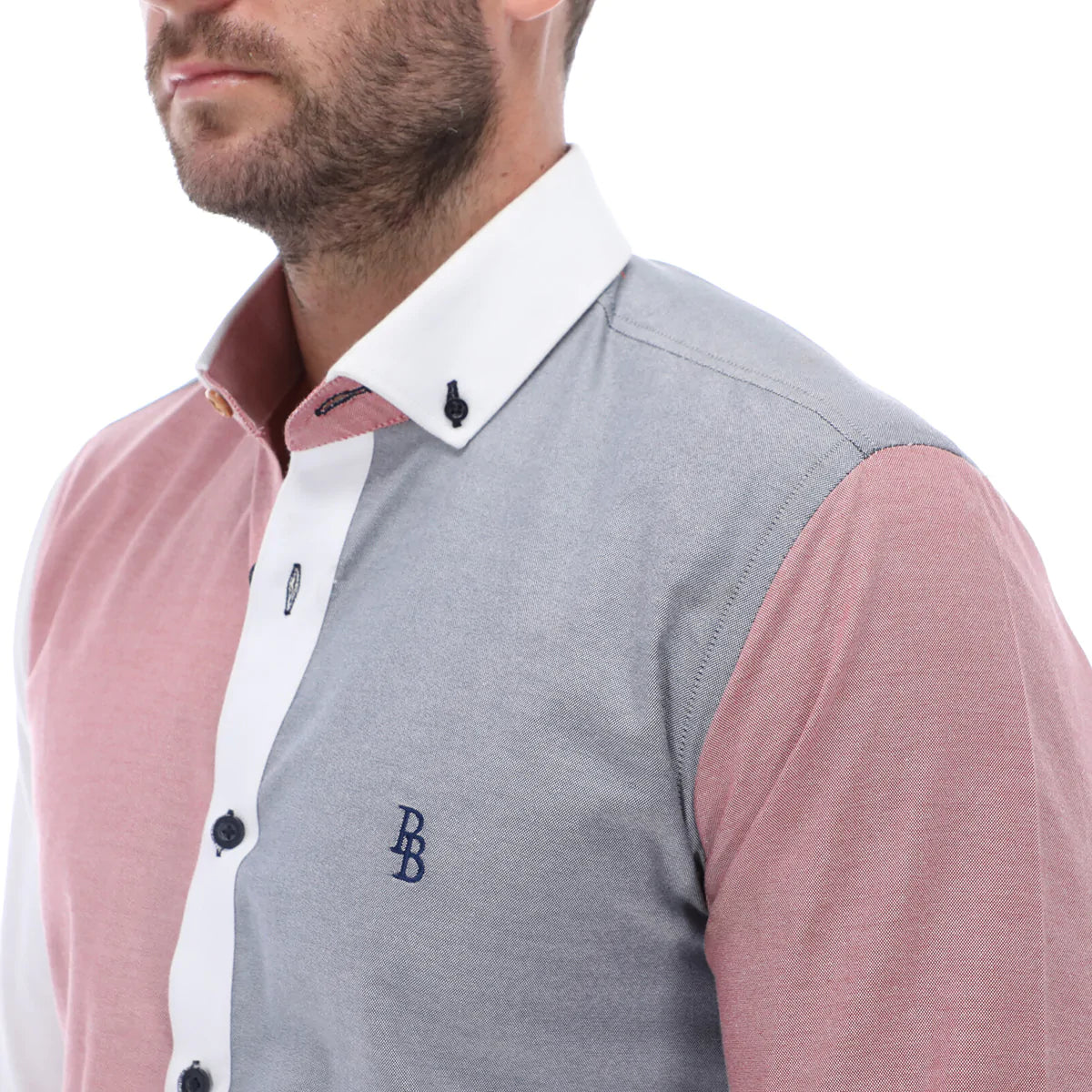 Men's Patchwork Long Sleeve Classic Button Down Shirt White Salmon & Grey | Porto Blanco