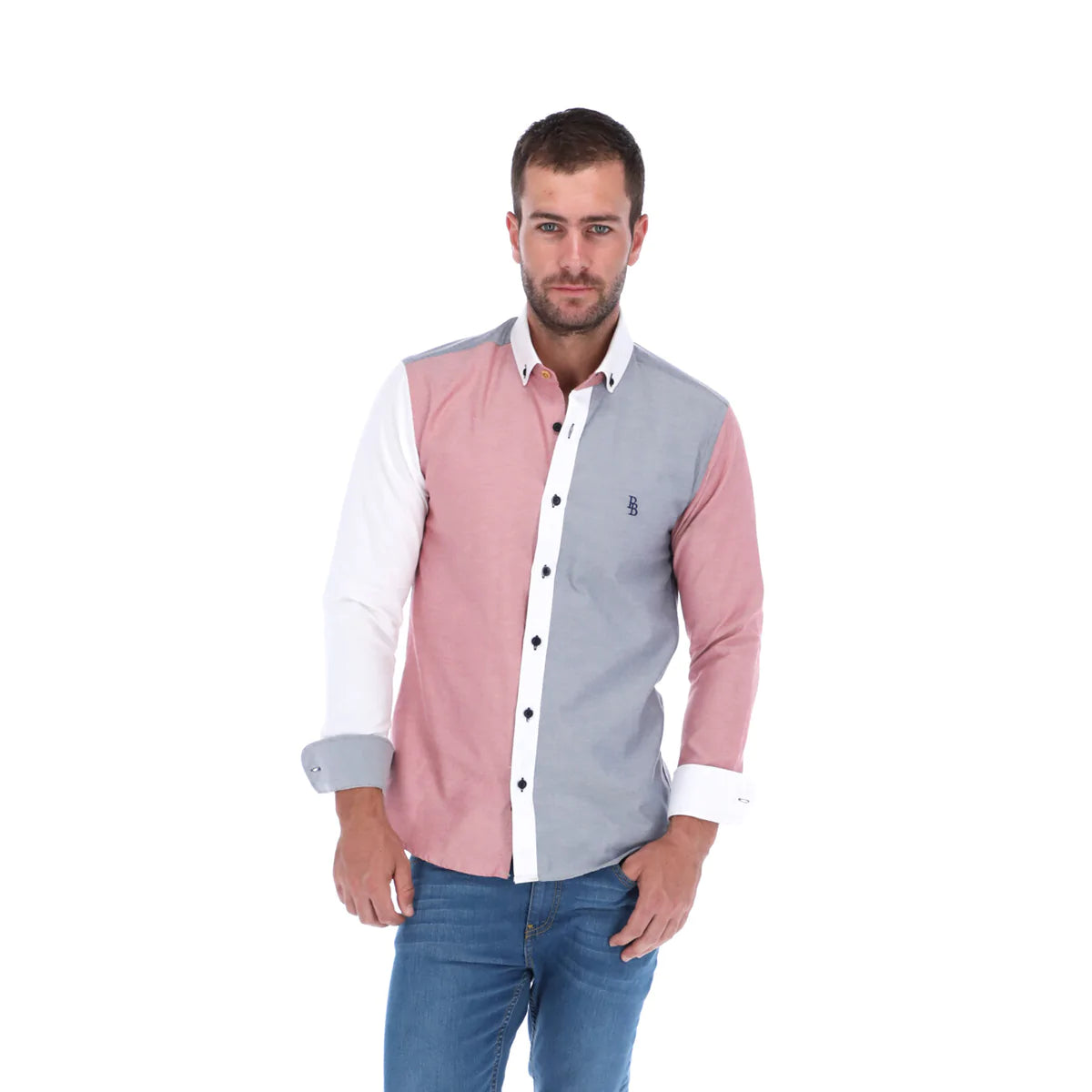 Men's Patchwork Long Sleeve Classic Button Down Shirt White Salmon & Grey | Porto Blanco