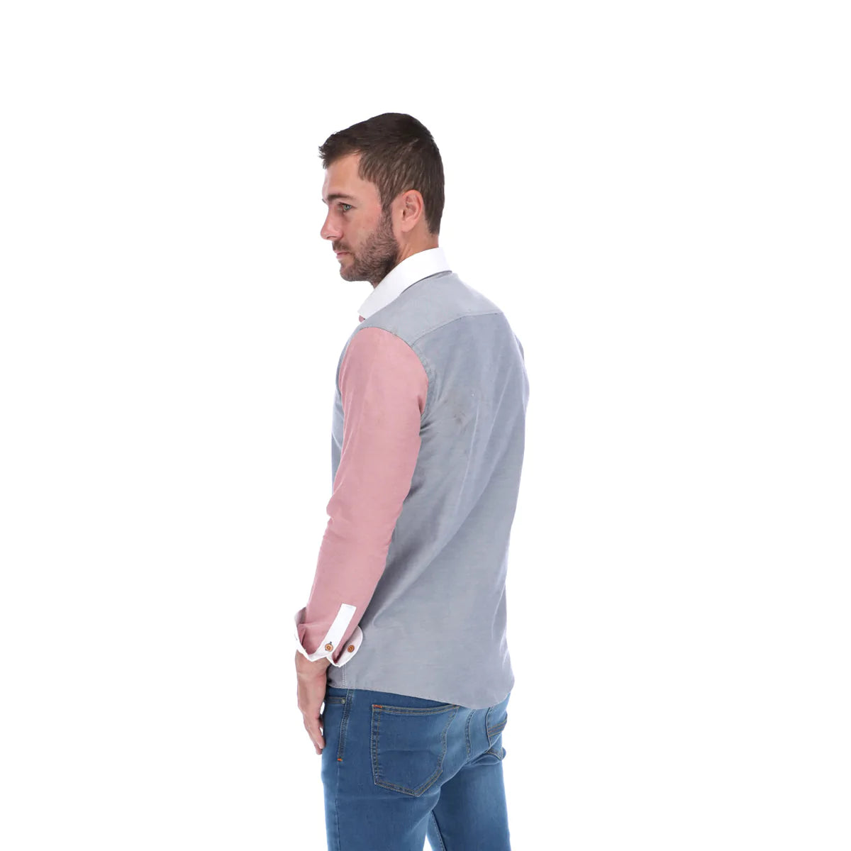 Men's Patchwork Long Sleeve Classic Button Down Shirt White Salmon & Grey | Porto Blanco