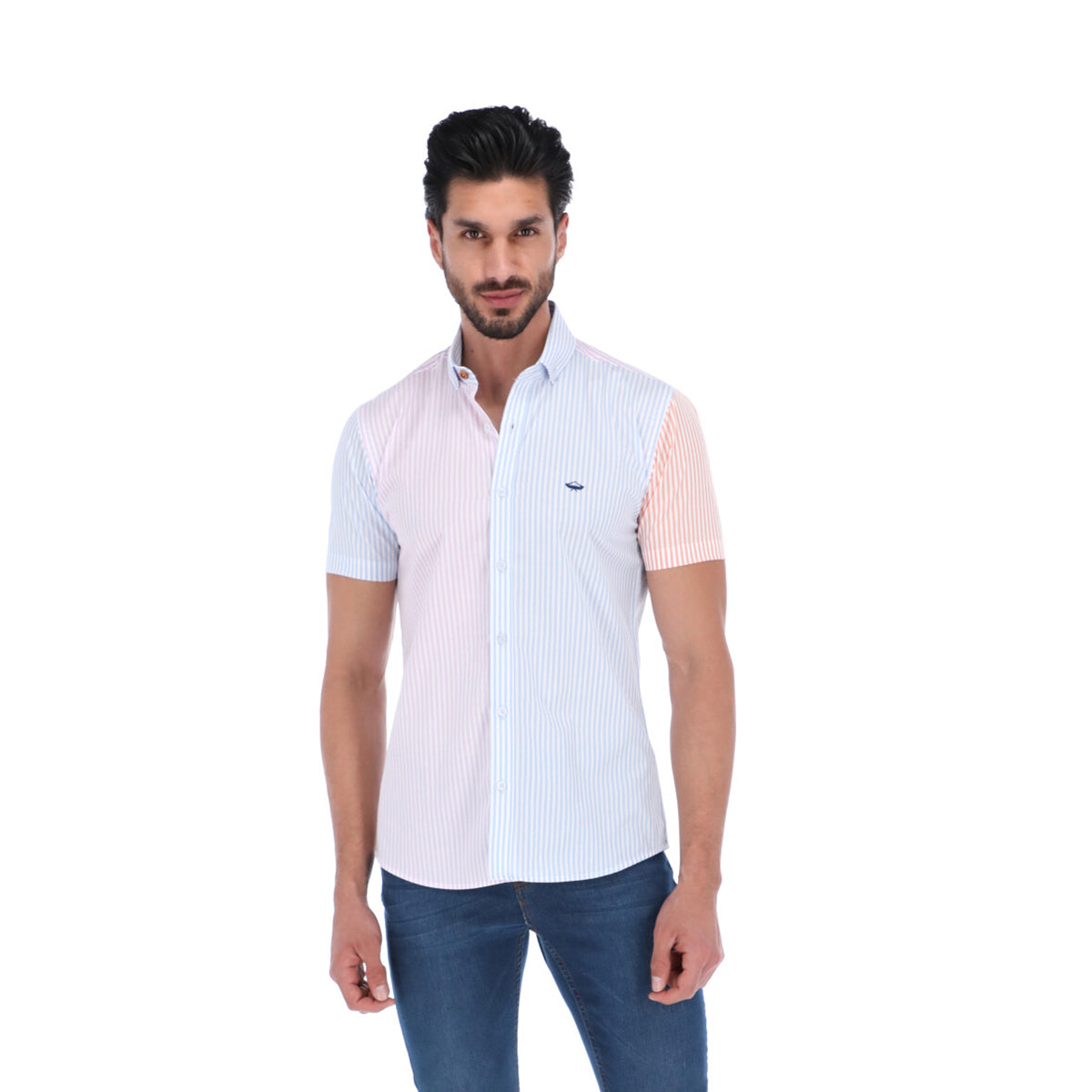 Men's Patchwork Short Sleeve Button Down Shirt Blue Pink & Green