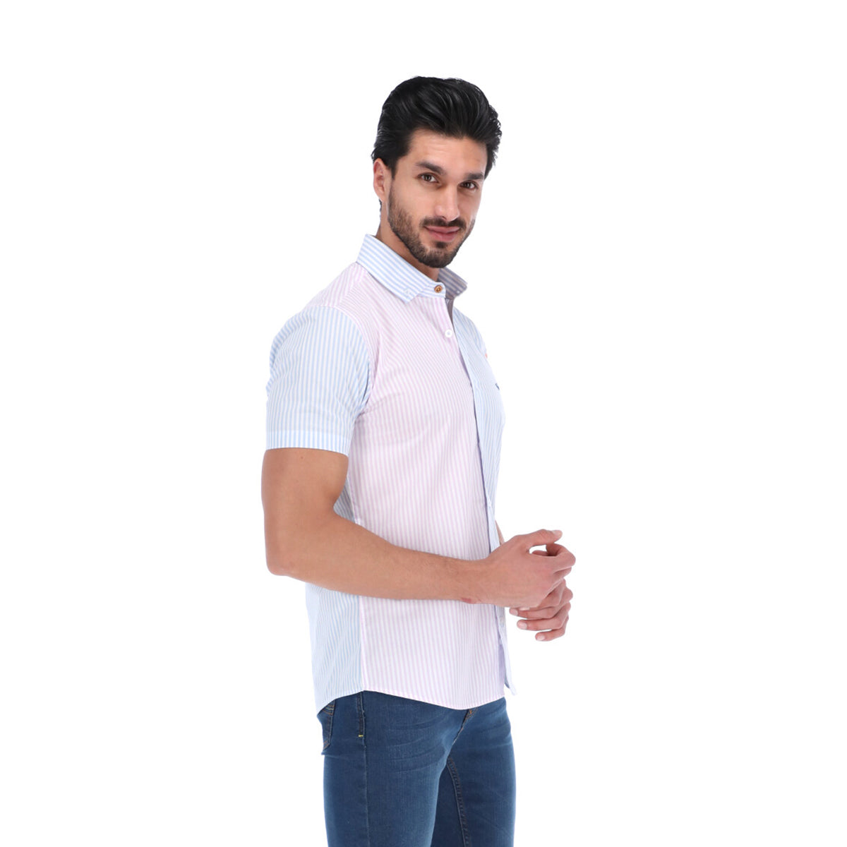 Men's Patchwork Short Sleeve Button Down Shirt Blue Pink & Green