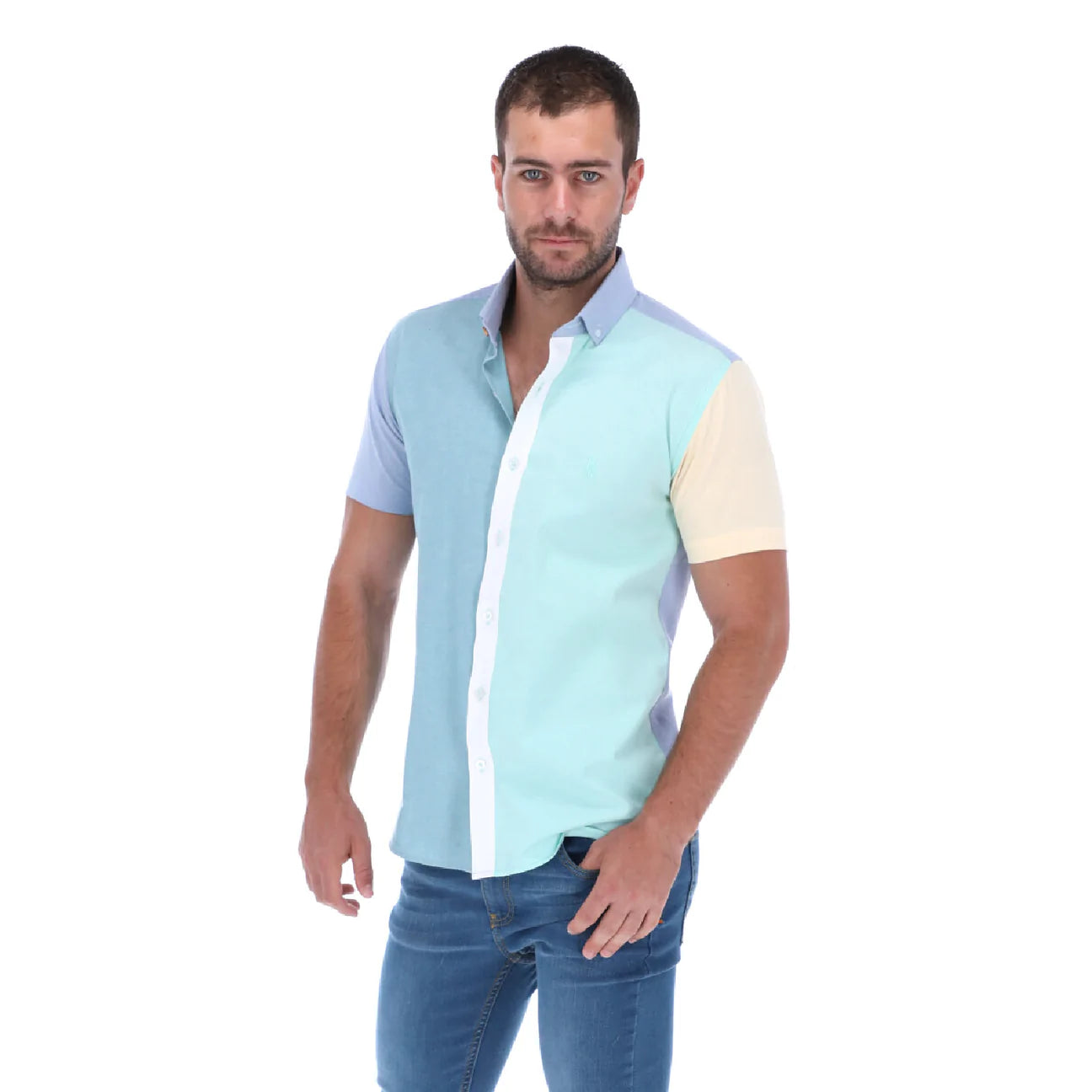 Men's Patchwork Short Sleeve Classic Button Down Shirt Green Blue & White | Porto Blanco