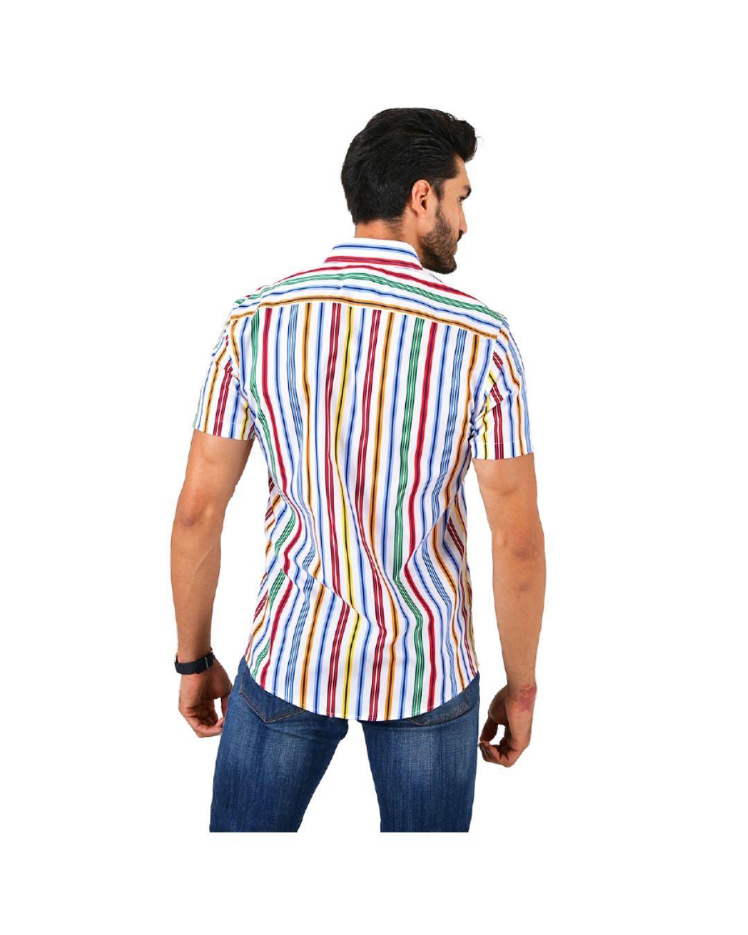 Men's Patchwork Short Sleeve Button Down Shirt Blue Yellow & Pink